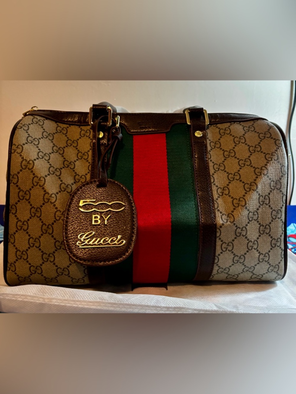 Inspired Gucci Brown Monogram Tote with Red and Green Web Stripe